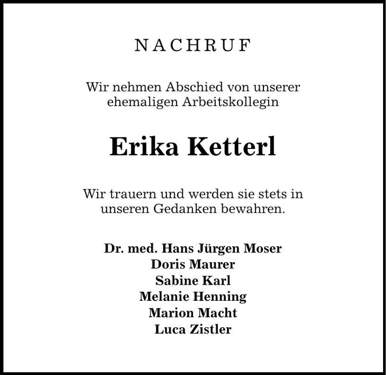 Traueranzeige Erika Ketterl