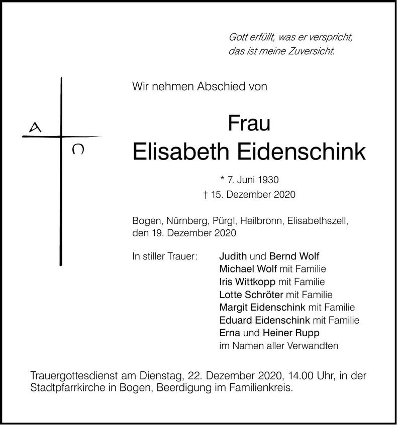 Traueranzeige Elisabeth Eidenschink