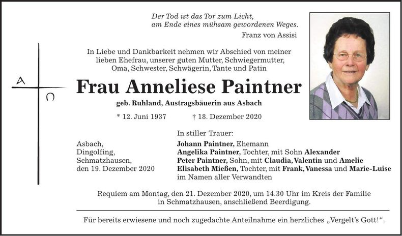 Traueranzeige Anneliese Paintner