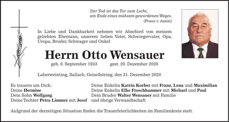 Traueranzeige Otto Wensauer