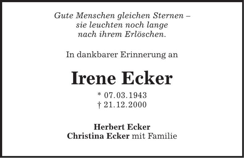 Traueranzeige Irene Ecker