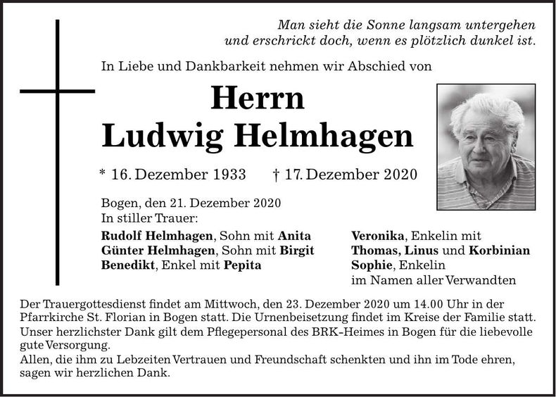 Traueranzeige Ludwig Helmhagen