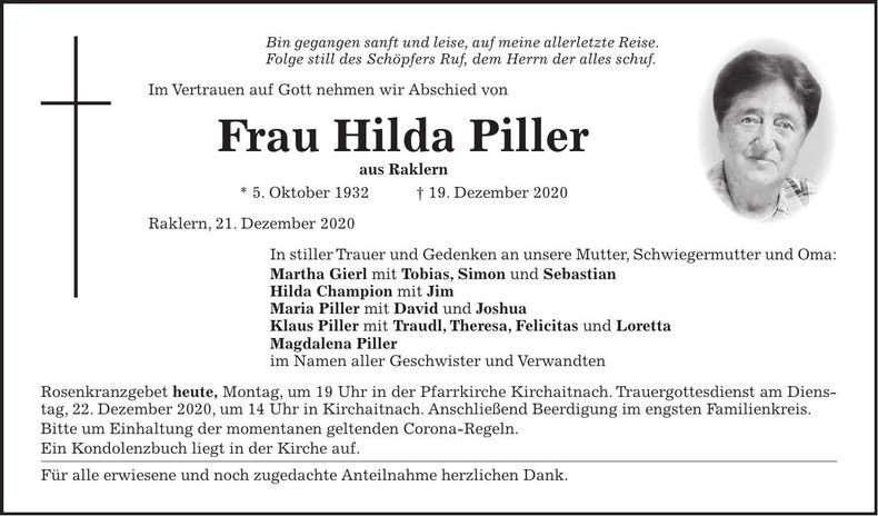 Traueranzeige Hilda Piller