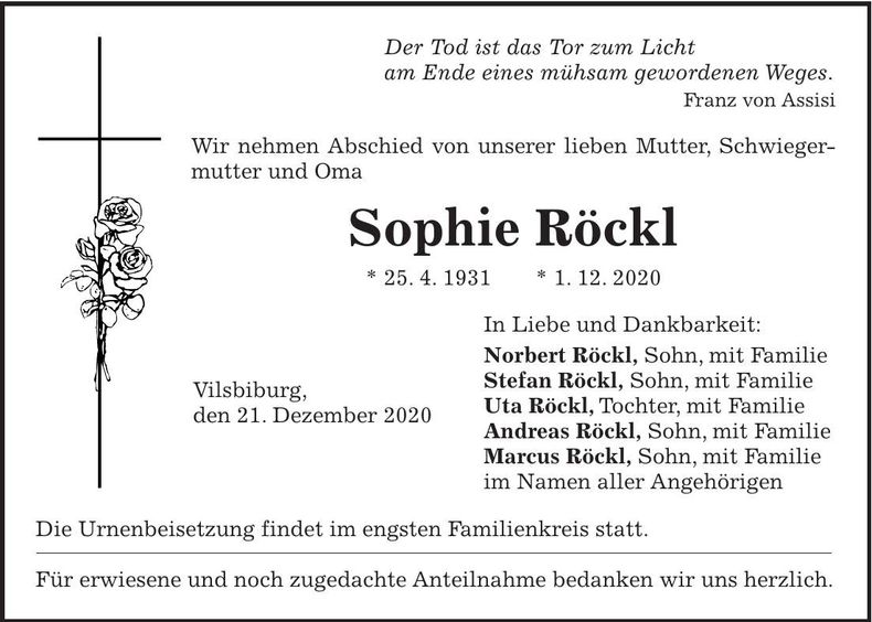 Traueranzeige Sophie Röckl
