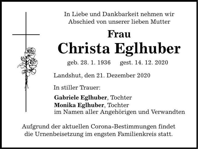 Traueranzeige Christa Eglhuber