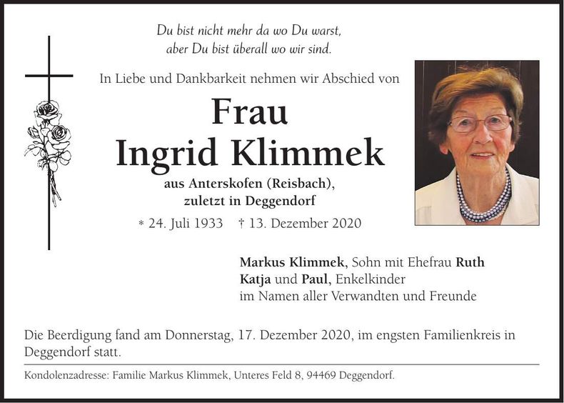 Traueranzeige Ingrid Klimmek