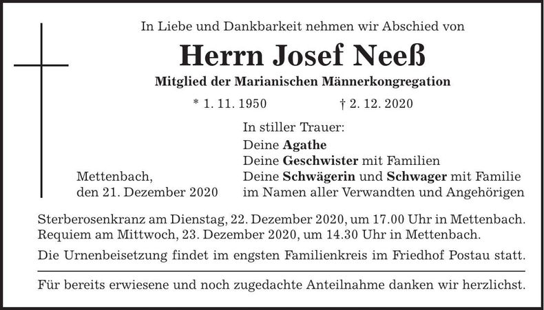 Traueranzeige Josef Neeß