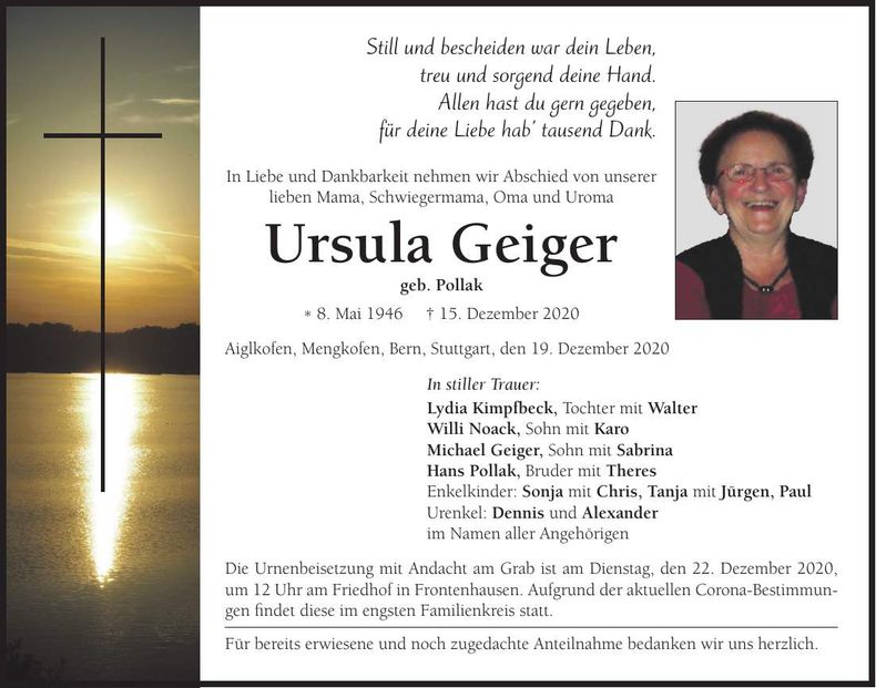 Traueranzeige Ursula Geiger