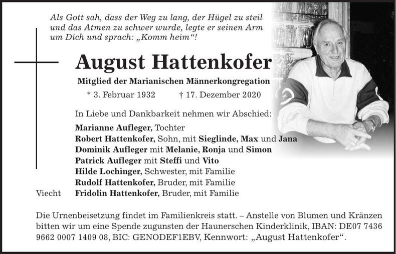 Traueranzeige August Hattenkofer