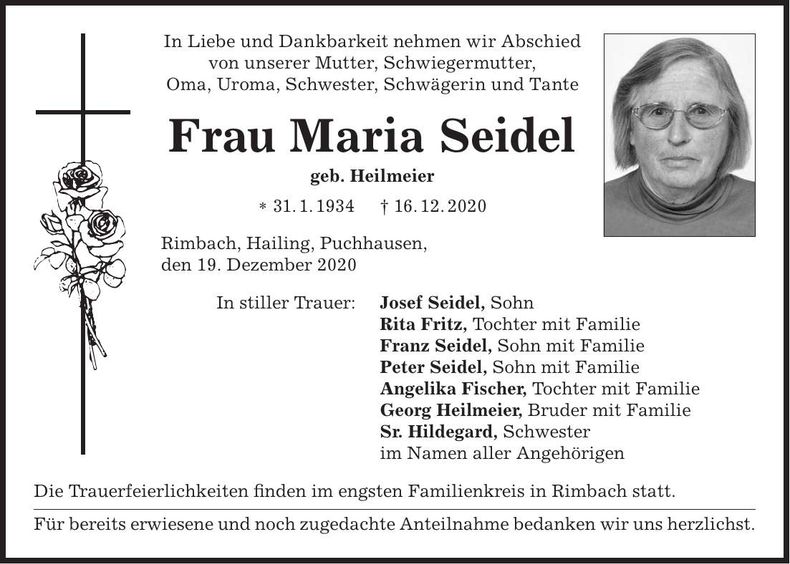Traueranzeige Maria Seidel
