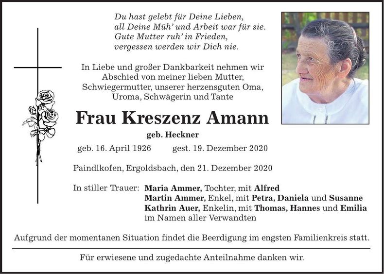 Traueranzeige Kreszenz Amann