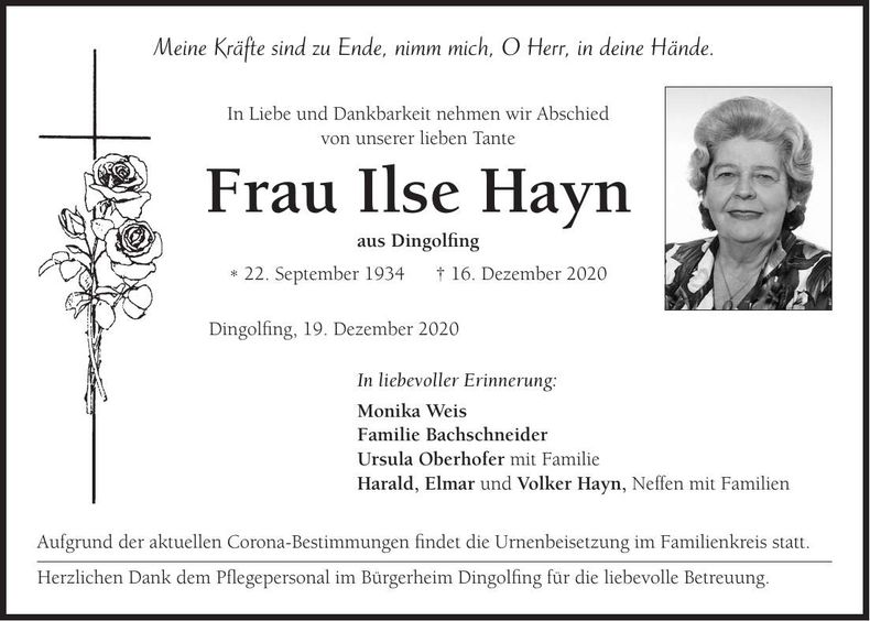 Traueranzeige Ilse Hayn