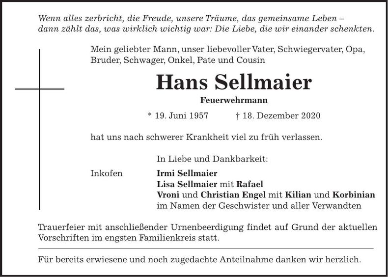 Traueranzeige Hans Sellmaier
