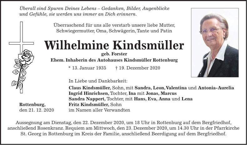 Traueranzeige Wilhelmine Kindsmüller