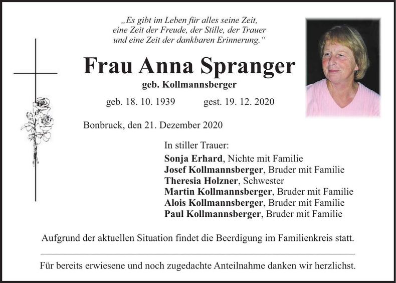 Traueranzeige Anna Spranger
