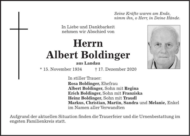 Traueranzeige Albert Boldinger