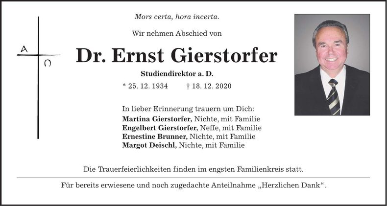 Traueranzeige Ernst Dr. Gierstofer