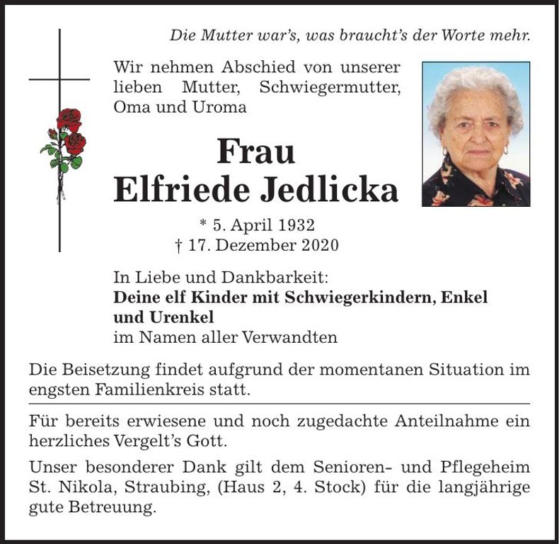 Traueranzeige Elfriede Jedlicka