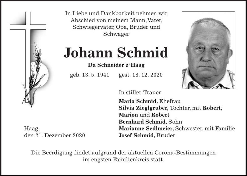 Traueranzeige Johann Schmid