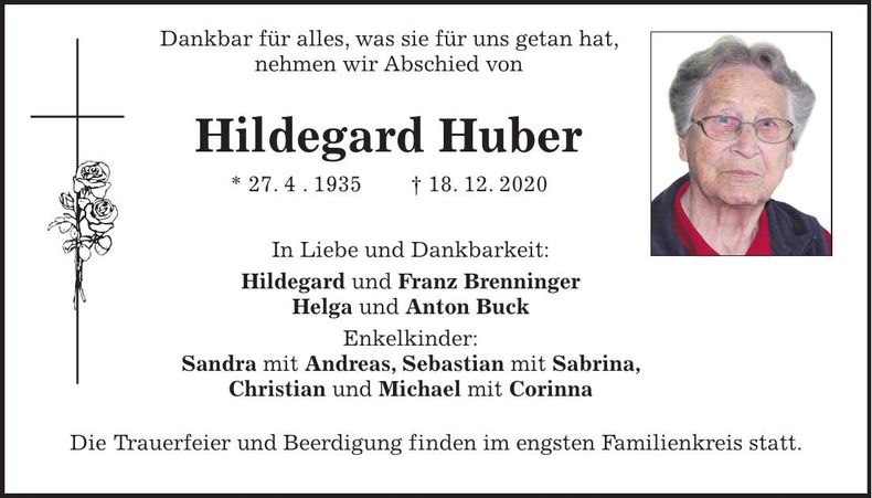 Traueranzeige Hildegard Huber