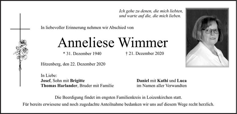 Traueranzeige Anneliese Wimmer