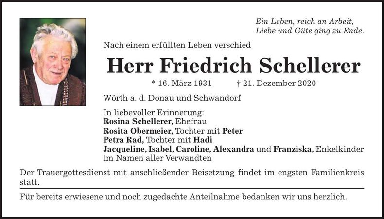 Traueranzeige Friedrich Schellerer