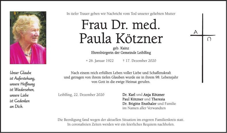 Traueranzeige Paula Kötzner
