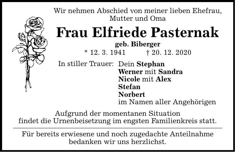 Traueranzeige Elfriede Pasternak