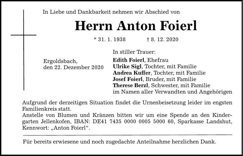 Traueranzeige Anton Foierl