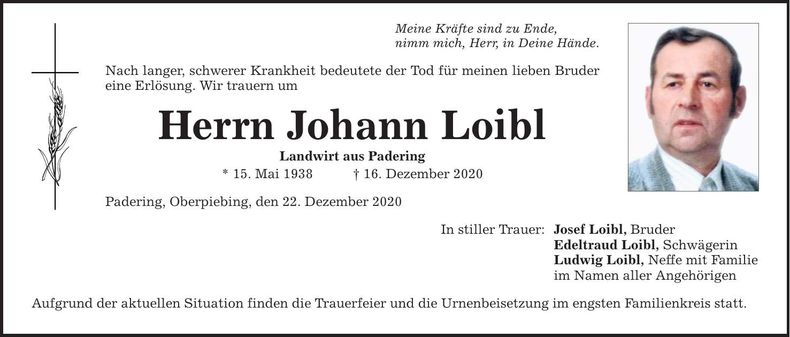 Traueranzeige Johann Loibl