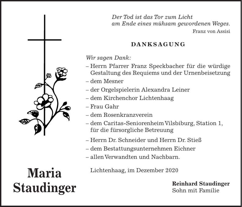 Traueranzeige Maria Staudinger