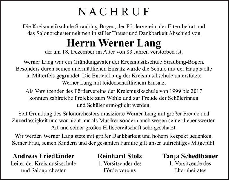 Traueranzeige Werner Lang