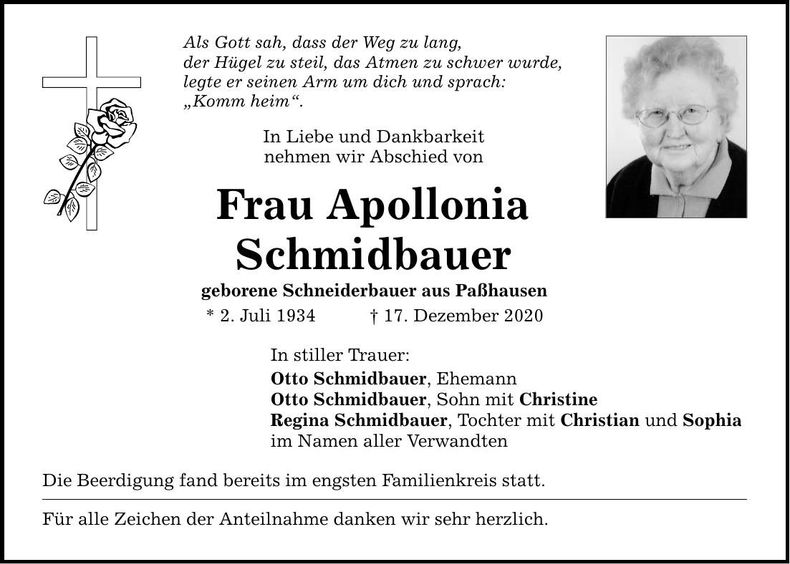 Traueranzeige Apollonia Schmidbauer