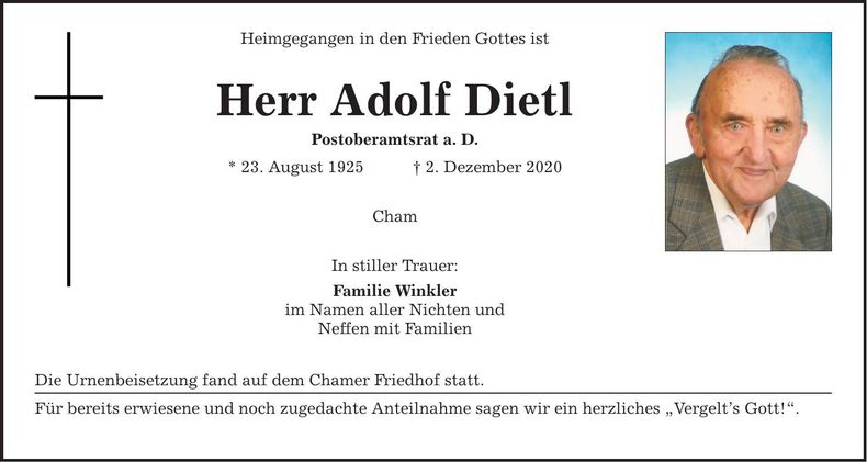Traueranzeige Adolf Dietl