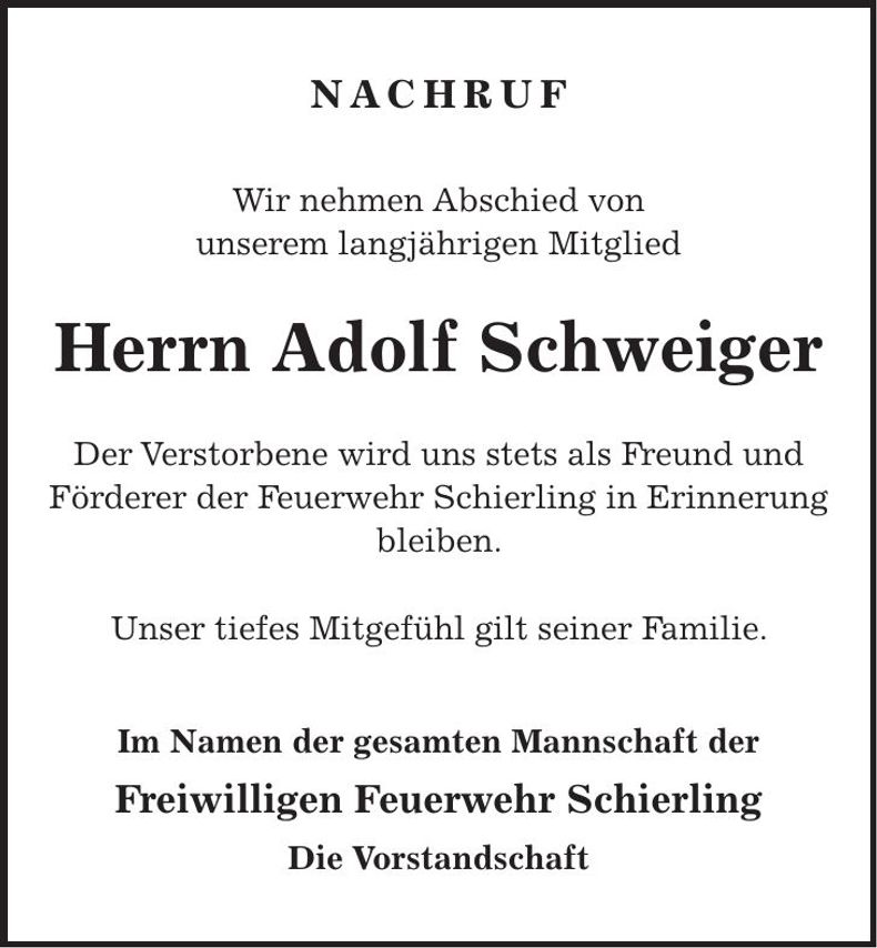 Traueranzeige Adolf Schweiger