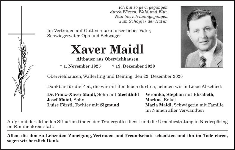 Traueranzeige Xaver Maidl