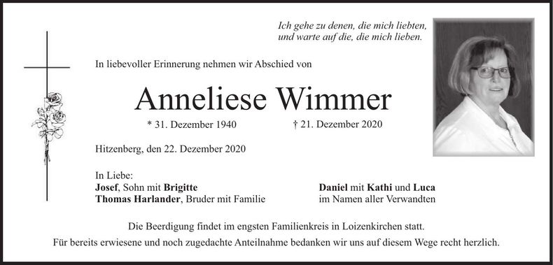 Traueranzeige Anneliese Wimmer