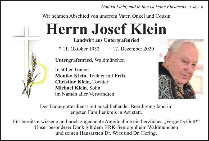 Traueranzeige Josef Klein