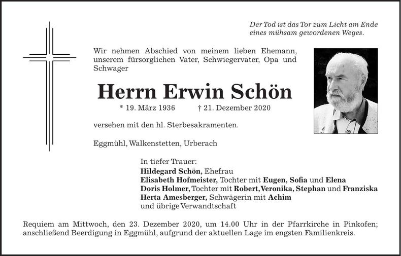 Traueranzeige Erwin Schön