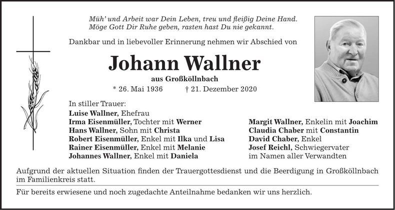 Traueranzeige Johann Wallner