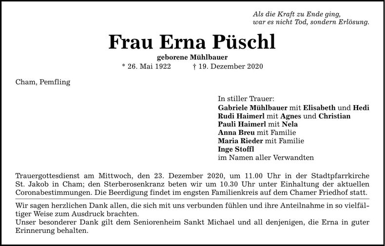 Traueranzeige Erna Püschl