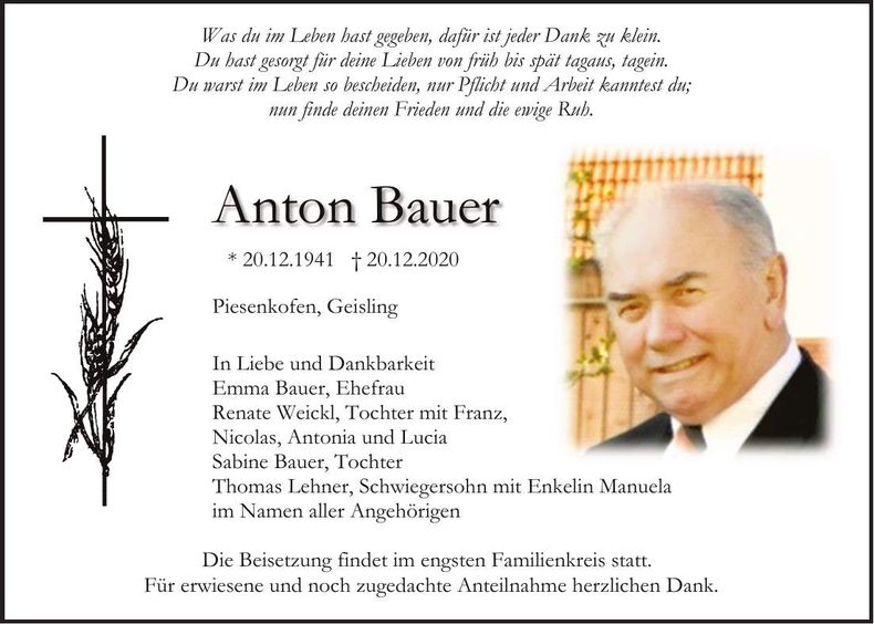 Traueranzeige Anton Bauer