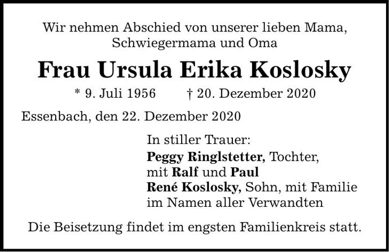Traueranzeige Ursula Erika Koslosky
