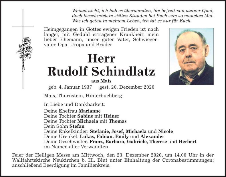 Traueranzeige Rudolf Schindlatz