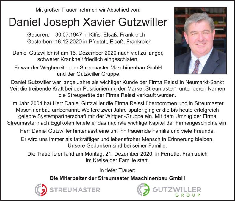 Traueranzeige Daniel Joseph Xavier Gutzwiller