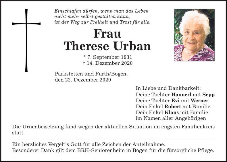 Traueranzeige Therese Urban
