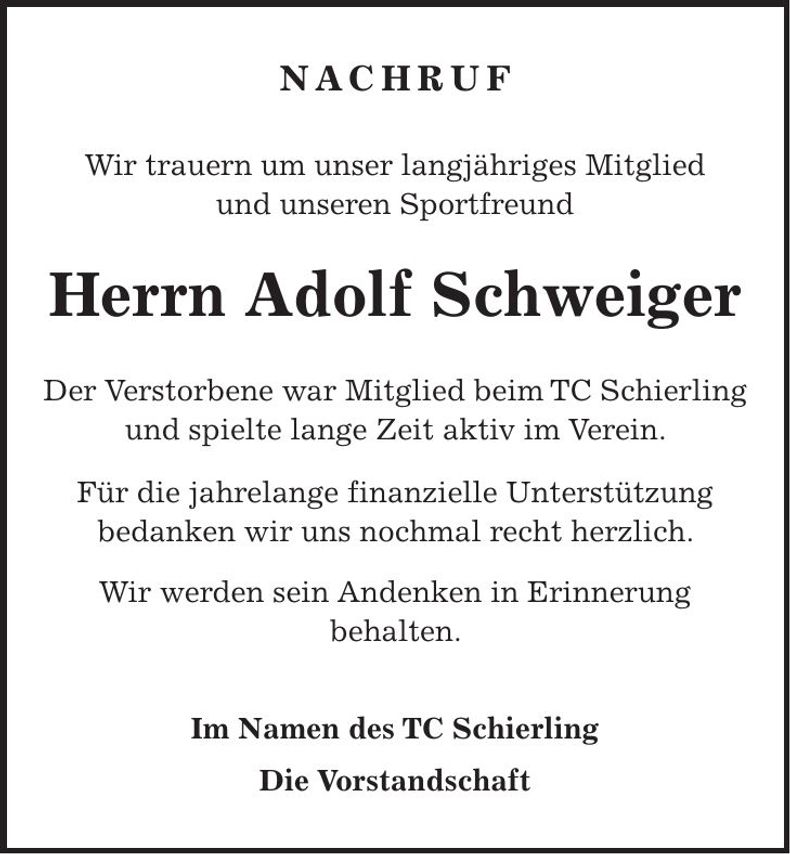 Traueranzeige Adolf Schweiger