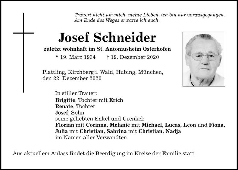 Traueranzeige Josef Schneider
