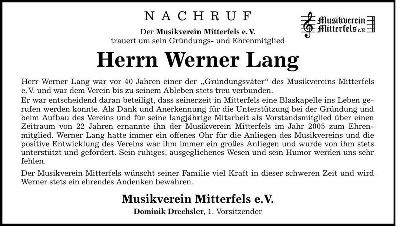 Traueranzeige Werner Lang