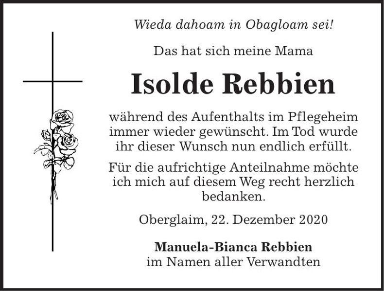 Traueranzeige Isolde Rebbien